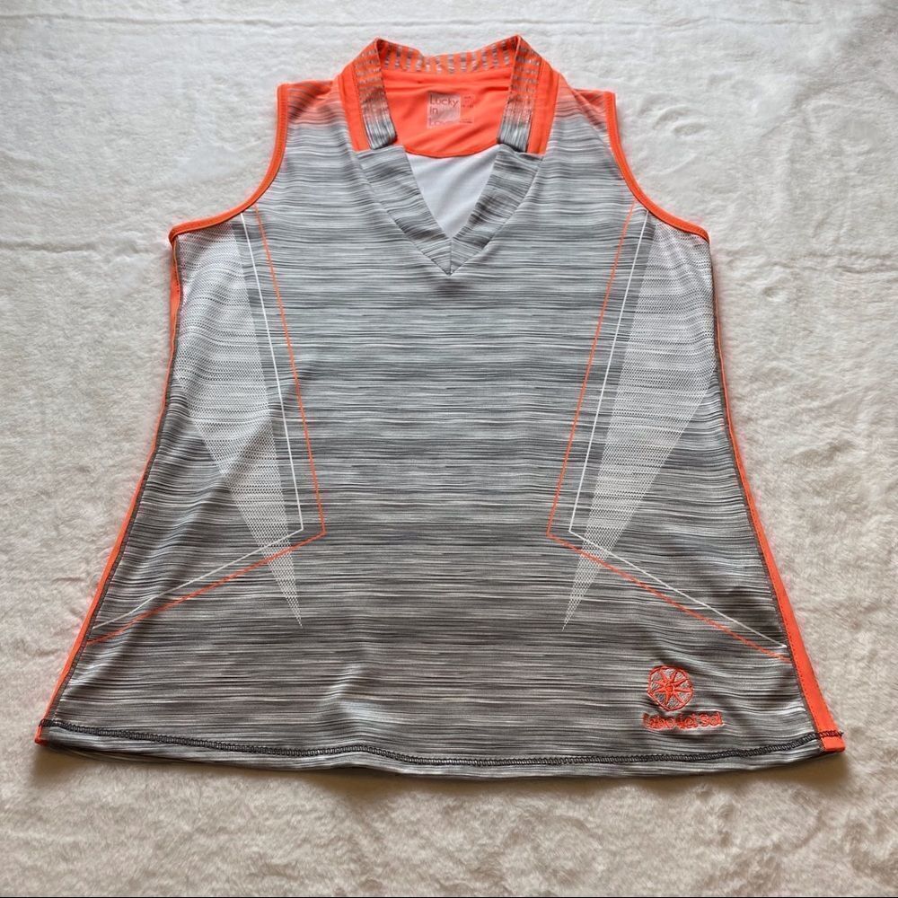 Lucky In Love Gray, White Orange V-Neck Tank Size Medium